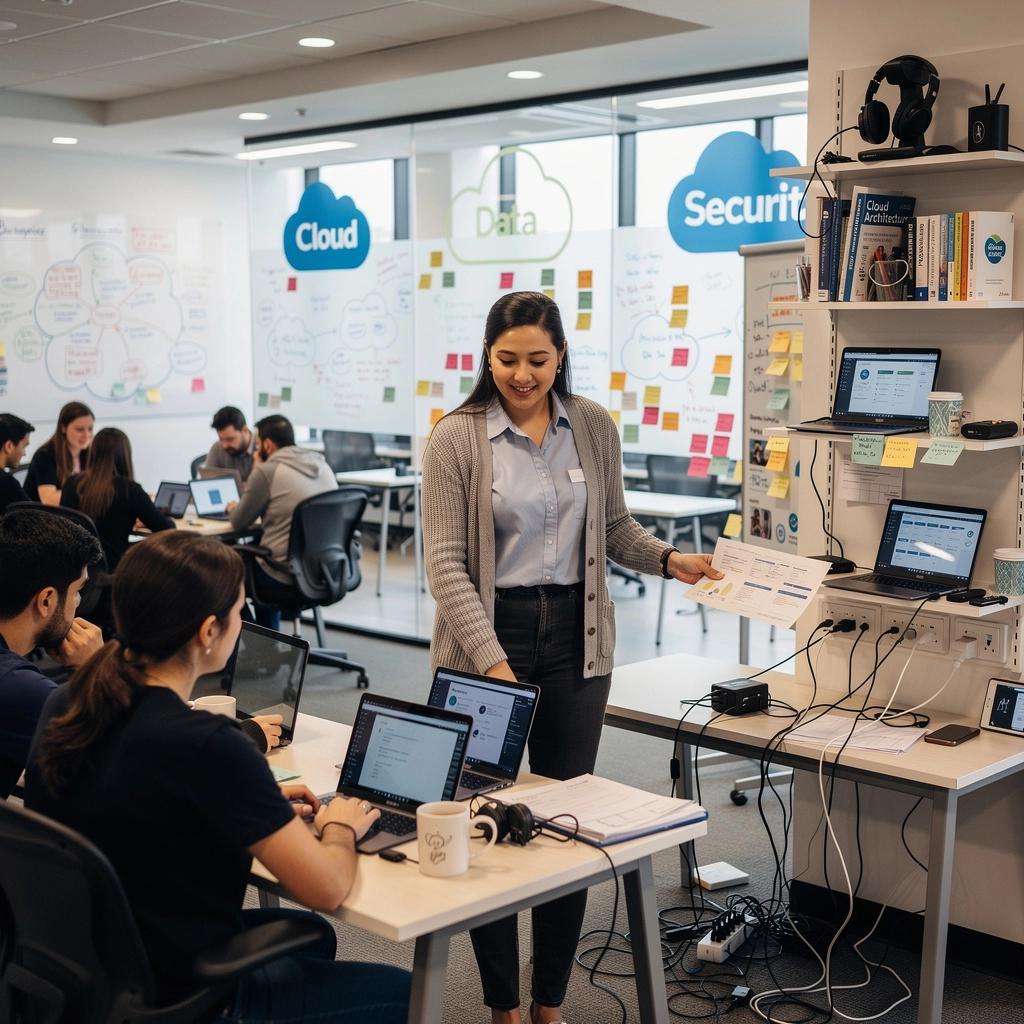 Kép a diákokról, akik közösen dolgoznak felhőalapú projekteken.